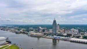 Downtown Mobile, Alabama waterfront skyline in July